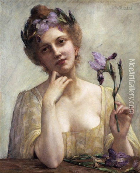 Dame Met Iris Oil Painting - Georges Van den Bos