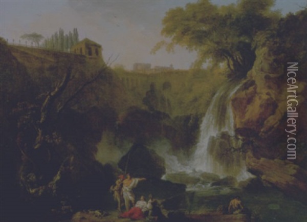 Tivoli, La Cascate Dell'aniene, Il Borgo Sullo Sfondo E Cinque Astanti In Paesaggio Oil Painting - Charles Francois Lacroix