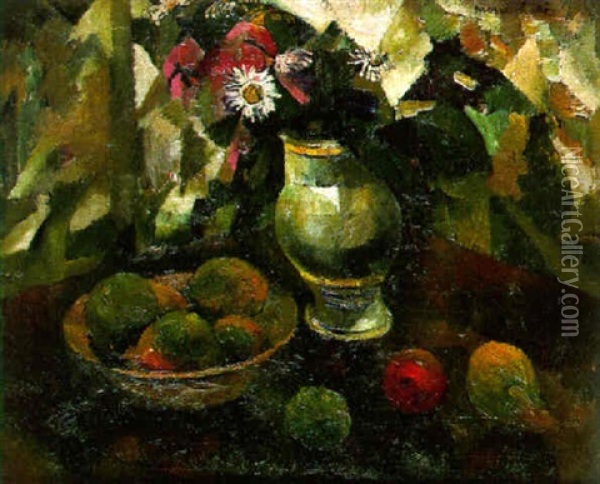 Nature Morte Aux Fruits Et Au Vase De Fleurs Oil Painting - Pierre Hode