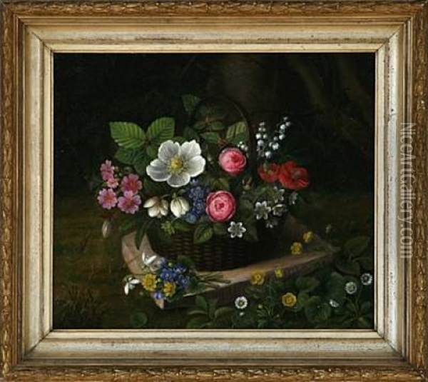 Flowers In A Basket Oil Painting - Ida Marie Margrethe Heerfordt