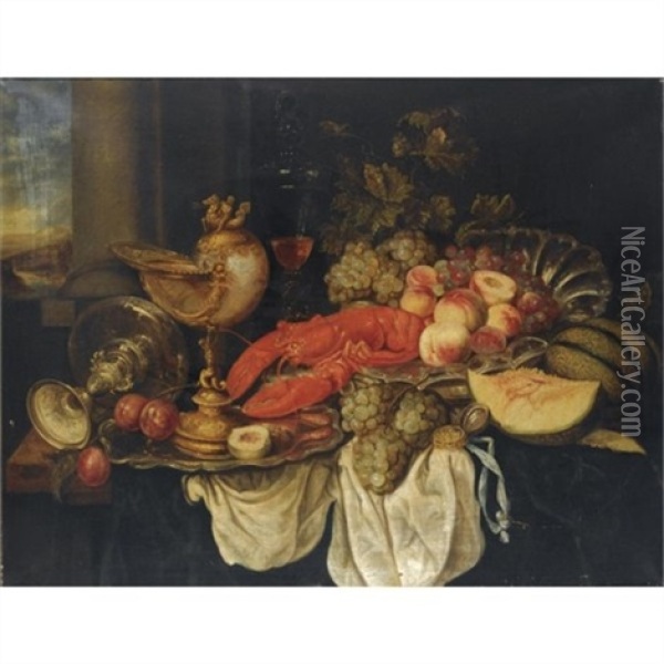 A Sumptuous Still Life With A Lobster, A Nautilus Cup, Grapes, A Tazza, Peaches And Other Fruit On A Draped Table Oil Painting - Abraham van Beyeren