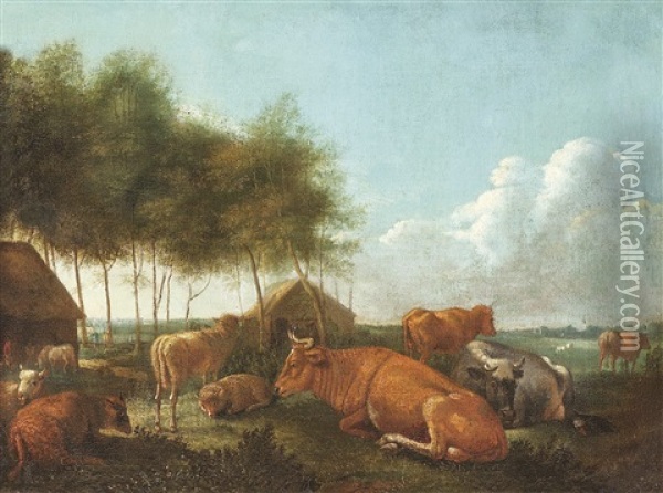 Rastende Kuhe In Sommerlicher Landschaft Oil Painting - Dirk van Bergen