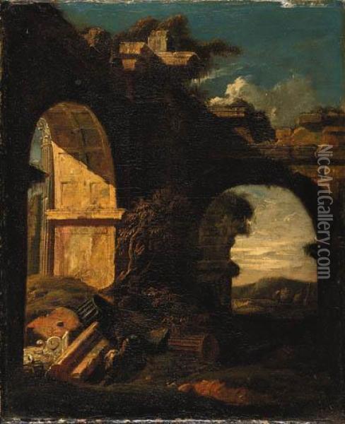 Classical Ruins In A Landscape Oil Painting - Jan Griffier