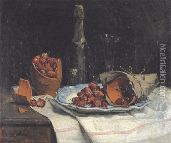 Stilleben Mit Erdbeeren, Tongefas Und Flasche Oil Painting - Jean Baptiste Olive
