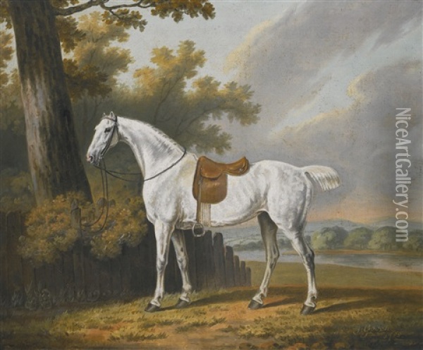 A Saddled Grey Hunter, The Property Of Nicholas Smythe Of Condover Hall, Shropshire, Tethered To A Post In A Wooded River Landscape Oil Painting - Thomas Gooch