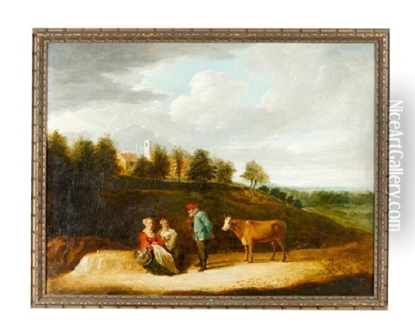 A Shepherd With Two Women And A Cow In Landscape In Front Of A Village Oil Painting - David Teniers the Younger