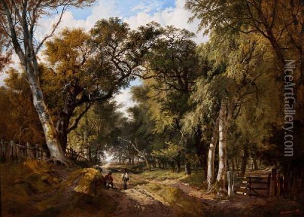 A Wooded Landscape With Figures Resting On A Track Oil Painting - John Berney Ladbrooke