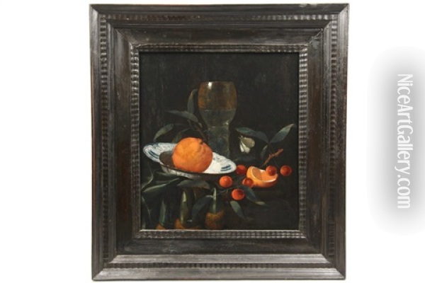 An Orange In A Wanli Kraak Porcelain Bowl With Cherries And A Roemer On A Stone Ledge Oil Painting - Martinus Nellius