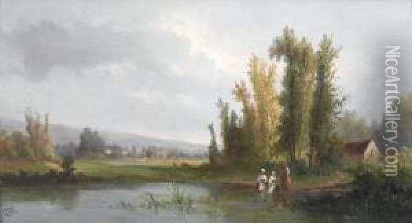 Wascherinnen An Teich In Ebener Landschaft. Oil Painting - Henry Van Brunt