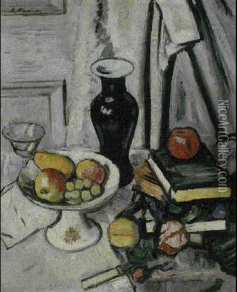 Still Life With Fruit And Books Oil Painting - George Leslie Hunter