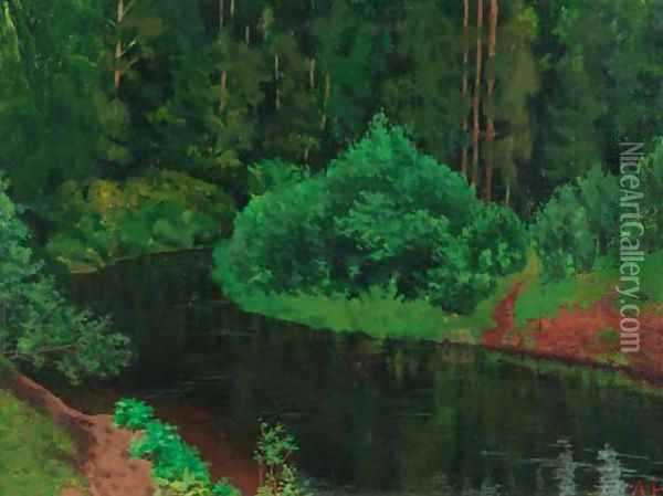 Wooded Landscape with River Oil Painting - Arkadij Aleksandrovic Rylov