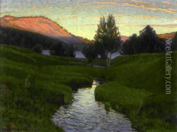 Insjolandskap I Aftonrodnad Oil Painting - Carl (August) Johansson
