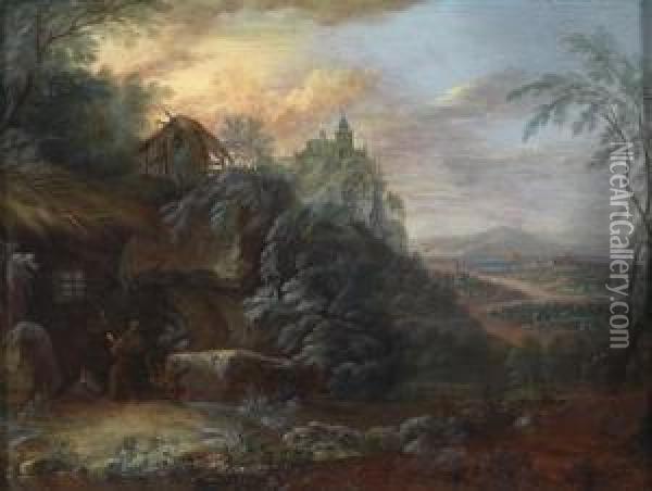 Two Landscapes With The Temptation Of St. Anthony And St. Benedict And St. Scholastica In Conversation Oil Painting - Maximilian Joseph Schinnagl