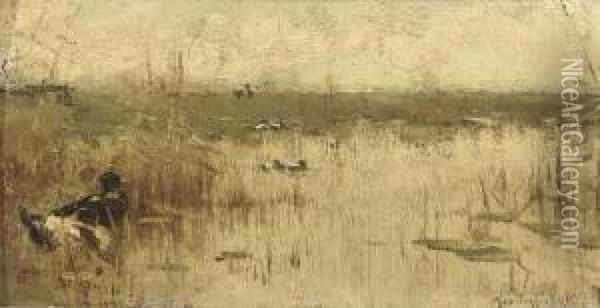 Amongst Reeds In The Polder Oil Painting - Geo Poggenbeek