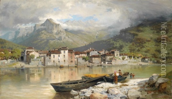 Fischerfamilie Bei Lecco Am Comersee Oil Painting - Ercole Calvi