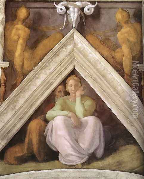 Ancestors of Christ - Jesse with his parents Oil Painting - Michelangelo Buonarroti