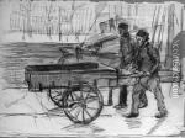 Men Pushing A Cart, Noordermarkt Oil Painting - Isaac Israels
