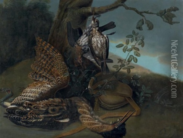 Trophee De Chasse Au Butor Etoile Et Perdrix Grises Suspendues A Un Arbre Oil Painting - Jean-Baptiste Oudry