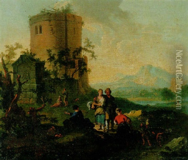 A Landscape With Peasants By A Ruined Tower Oil Painting - Franz de Paula Ferg