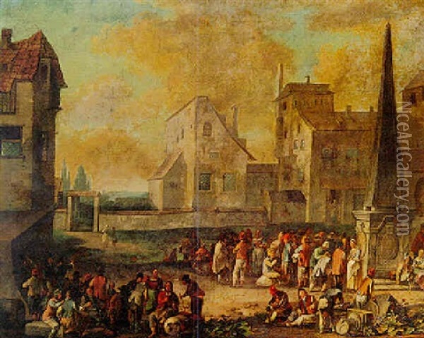 Peasants In A Piazza Oil Painting - Mathys Schoevaerdts
