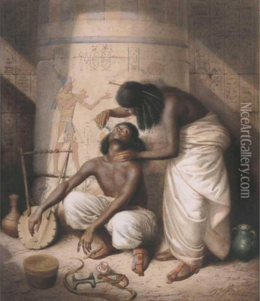 Nubian Barber Plies His Simple 
Trade When Egypt's Haughty Kings Insplendour 
Reigned'. A Shaving Scene In Nubia Oil Painting - William Strutt