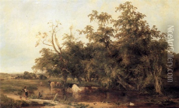 Extensive Landscape With Cattle Watering, A Young Girl And Ducks In The Foreground Oil Painting - Sidney Richard Percy