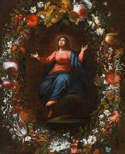 Assumption Of The Virgin Mary In Floral Wreath Oil Painting - Andries Daniels