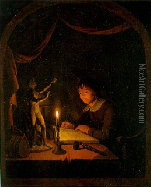 Ein Junger Kunstler Zeichnet Die Tonskulptur Von Orpheus Und Zerberus Bei Kerzenlicht Oil Painting - Gerrit Dou