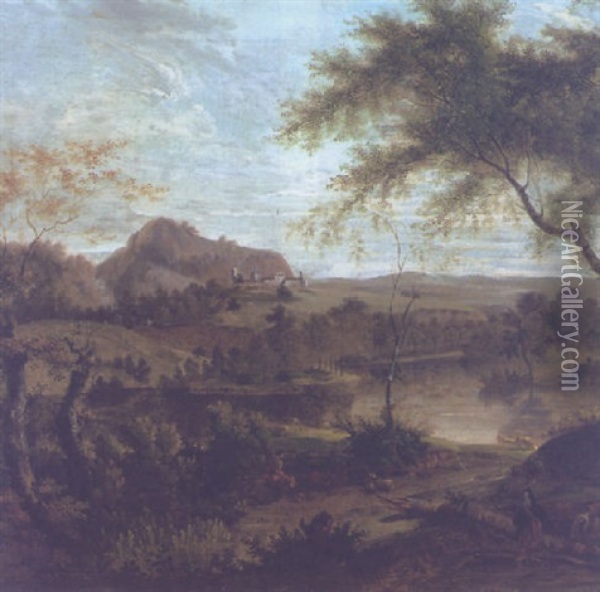 An Italianate Landscape With Travellers In The Foreground, A Lake, A Fortress And Mountains Beyond Oil Painting - George Lambert