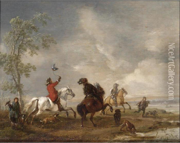 A Hawking Party With Horsemen, Falconers And Their Hounds In A Landscape Oil Painting - Pieter Wouwermans or Wouwerman