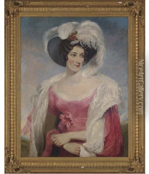 Portrait Of Mrs. Thomas Holroyd In A Pink Dress With Matching Cloak And Feathered Hat Oil Painting - Thomas Lawrence