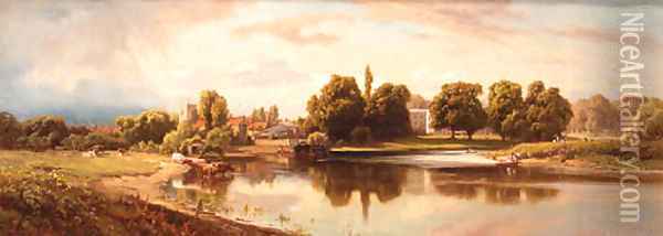 Cattle watering on the Bend of a tranquil River, a Village and Country House beyond Oil Painting - Edward Henry Holder