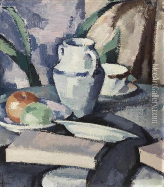 Still Life With Vase And Books Oil Painting - Samuel John Peploe