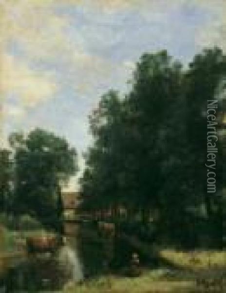 La Petite Vachere Au Bord De L'eau (landschaft In Der Umgebung Von Gisors). Oil Painting - Jean-Baptiste-Camille Corot