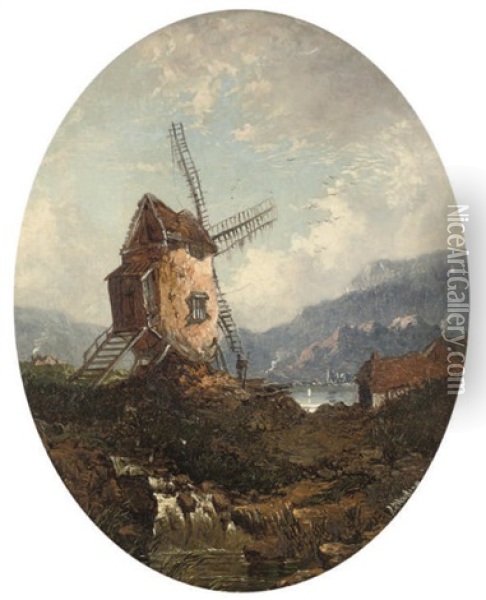 A Windmill Beside A Lake Oil Painting - James Duffield Harding