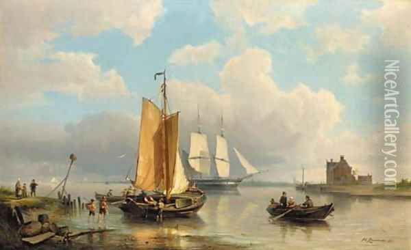 A river estuary with fishermen unloading the catch with a two-master beyond. Oil Painting - Pieter Christiaan Cornelis Dommersen