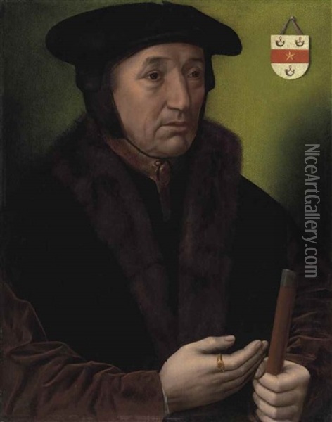 Portrait Of Jean Wyts, Watergraaf Of Mechelen (d. 1533), Half-length, In A Cap And Fur-trimmed Jacket, Holding A Rod Of Office In His Left Hand Oil Painting - Ambrosius Benson