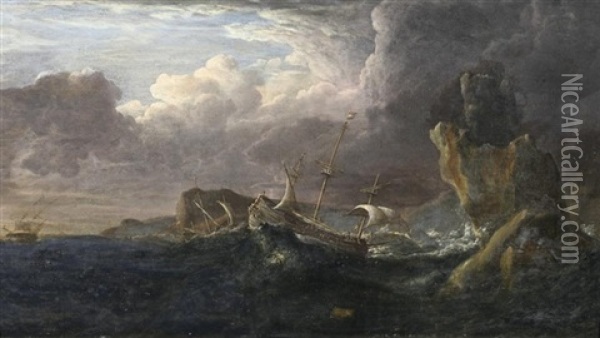 Sturmische See. Segelschiffe Auf Tosenden Wogen Vor Felsiger Kuste Oil Painting - Bonaventura Peeters the Elder