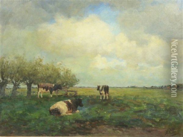 Rustende Koeien Bij Een Hek Oil Painting - Jan Hillebrand Wijsmuller
