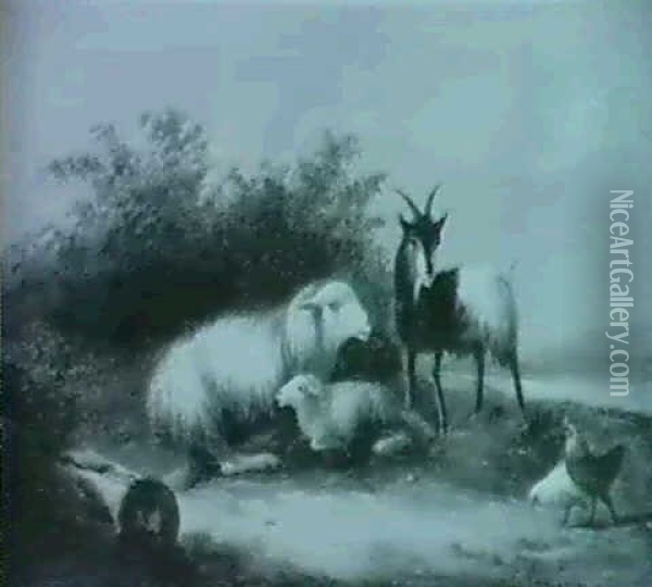 Schafe, Ziege Und Huhner Vor Landschaft Oil Painting - Cornelis van Leemputten