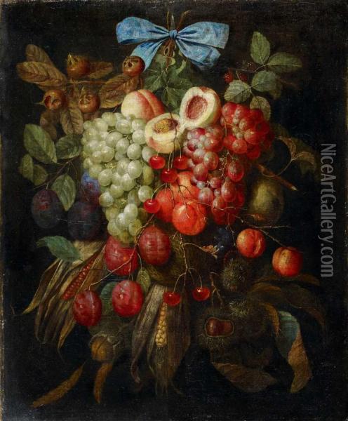 Zwei Fruchtegebinde An Blauer Schleife Oil Painting - Jan Pauwel Gillemans The Elder