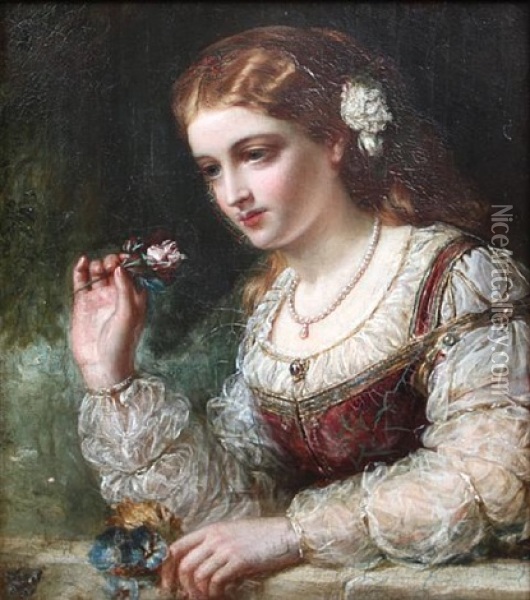 Portrait Of A Lady Holding A Small Posy Of Flowers Oil Painting - John Robert Dicksee