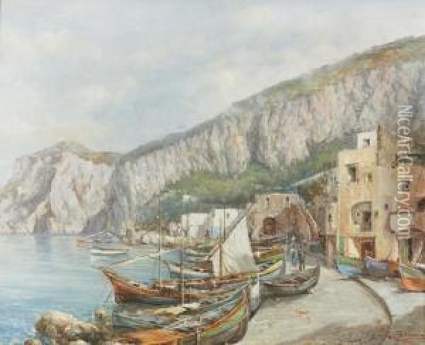Suditalienische Hafenstadt An Einer Steilen Felskuste. Oil Painting - Giovanni Giani