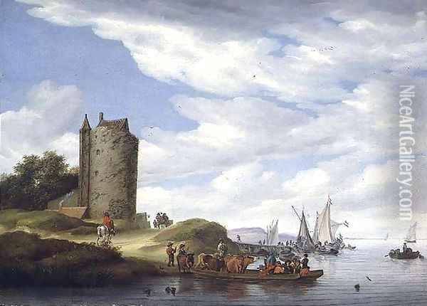 River Estuary with Watchtower Oil Painting - Salomon van Ruysdael