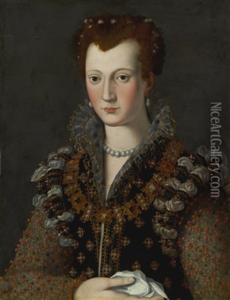 Portrait Of Virginia De' Medici (1568-1615), Half Length, In An Elaborately Embroidered Gown, Gold Trimmed Partlet And Jeweled Collare Oil Painting - Alessandro di Cristofano Allori