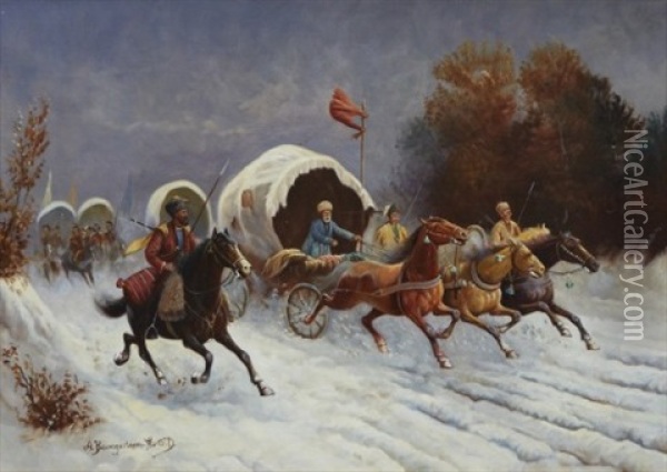 A Siberian Gold Convoy Oil Painting - Adolf (Constantin) Baumgartner-Stoiloff