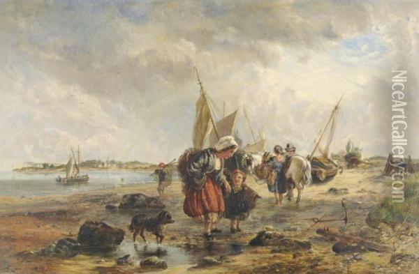 Coastal Scene With Fisherfolk Beside Boats Oil Painting - Frederick Charles Underhill
