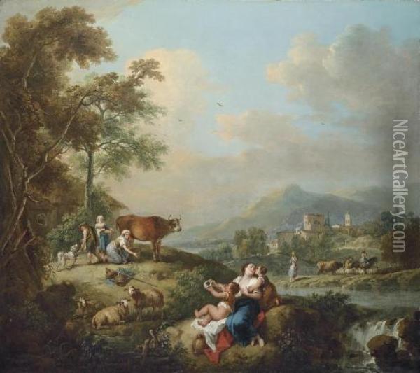 A Wooded River Landscape With Milkmaids Oil Painting - Francesco Zuccarelli