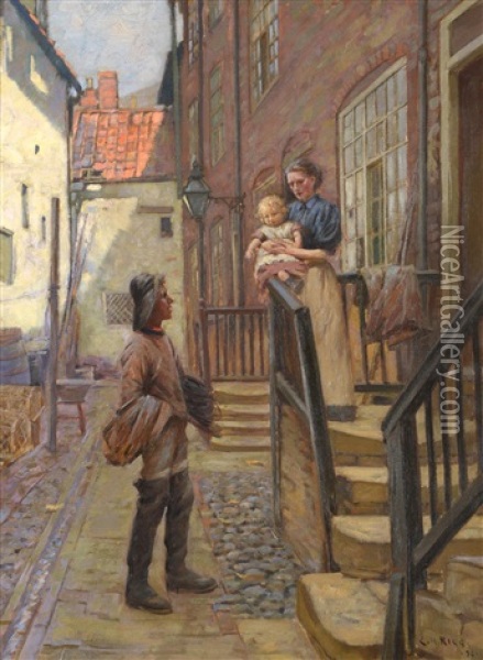 Fisherman In Arguments Yard Saying Goodbye To Wife And Child Oil Painting - Ernest Higgins Rigg