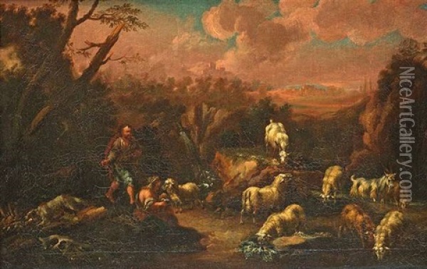 Hirtenpaar Mit Schafen In Italienischer Landschaft Oil Painting - Johann Melchior Roos